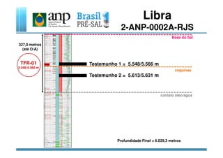 Testemunho 1 = 5.548/5.566 m
Testemunho 2 = 5.613/5.631 m
TFR-01
5.548-5.560 m
Libra
2-ANP-0002A-RJS
coquinas
Base do Sal
327,0 metros
(até O/A)
contato óleo/água
Profundidade Final = 6.029,3 metros
 