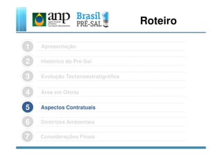 Roteiro
Apresentação1
Evolução Tectonoestratigráfica3
Histórico do Pré-Sal2
Considerações Finais7
Área em Oferta4
Aspectos Contratuais5
Diretrizes Ambientais6
Evolução Tectonoestratigráfica3
 