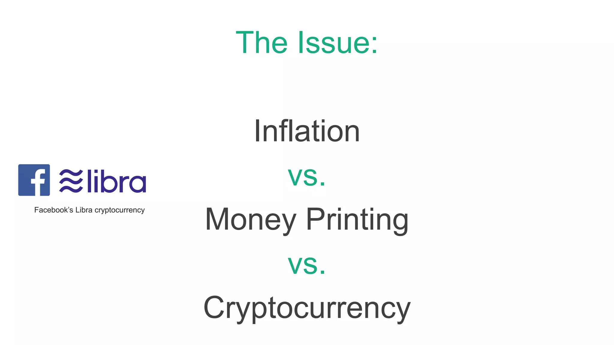 The Issue:
Inflation
vs.
Money Printing
vs.
Cryptocurrency
Facebook’s Libra cryptocurrency
 