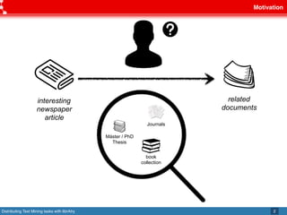 Distributing Text Mining tasks with librAIry
Motivation
2
Máster / PhD
Thesis
Journals
book
collection
interesting
newspaper
article
related
documents
 