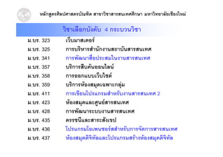 หลักสูตรศิลปศาสตรบัณฑิต สาขาวิชาสารสนเทศศึกษา มหาวิทยาลัยเชียงใหม

              วิชาเลือกบังคับ 4 กระบวนวิชา
ม.บร. 323      เว็บมาสเตอร
ม.บร. 325      การบริหารสํานักงานสถาบันสารสนเทศ
ม.บร. 341      การพัฒนาสือประสมในงานสารสนเทศ
                           ่
ม.บร. 357      บริการสืบคนออนไลน
ม.บร. 358      การออกแบบเว็บไซต
ม.บร. 359      บริการหองสมุดเฉพาะกลุม
ม.บร. 411      การเขียนโปรแกรมสําหรับงานสารสนเทศ 2
ม.บร. 423      หองสมุดและศูนยสารสนเทศ
ม.บร. 428      การพัฒนาระบบงานสารสนเทศ
ม.บร. 435      ดรรชนีและสาระสังเขป
ม.บร. 436      โปรแกรมโอเพนซอรสสําหรับการจัดการสารสนเทศ
ม.บร. 437      หองสมุดดิจิทัลและโปรแกรมสรางหองสมุดดิจทล
                                                        ิ ั
 
