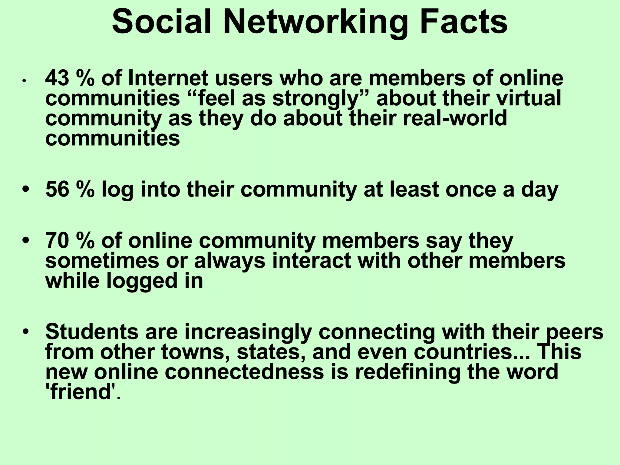 Social Networking Facts •  43 % of Internet users who are members of online communities “feel as strongly” about their virtual community as they do about their real-world communities •  56 % log into their community at least once a day •  70 % of online community members say they sometimes or always interact with other members while logged in Students are increasingly connecting with their peers from other towns, states, and even countries... This new online connectedness is redefining the word 'friend '. 