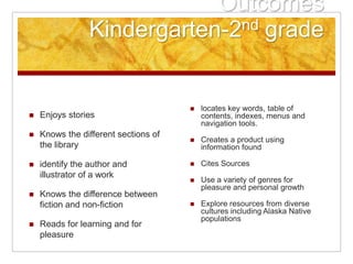 Outcomes
                 Kindergarten-2nd grade


                                         locates key words, table of
   Enjoys stories                        contents, indexes, menus and
                                          navigation tools.
   Knows the different sections of
                                         Creates a product using
    the library                           information found

   identify the author and              Cites Sources
    illustrator of a work
                                         Use a variety of genres for
                                          pleasure and personal growth
   Knows the difference between
    fiction and non-fiction              Explore resources from diverse
                                          cultures including Alaska Native
                                          populations
   Reads for learning and for
    pleasure
 