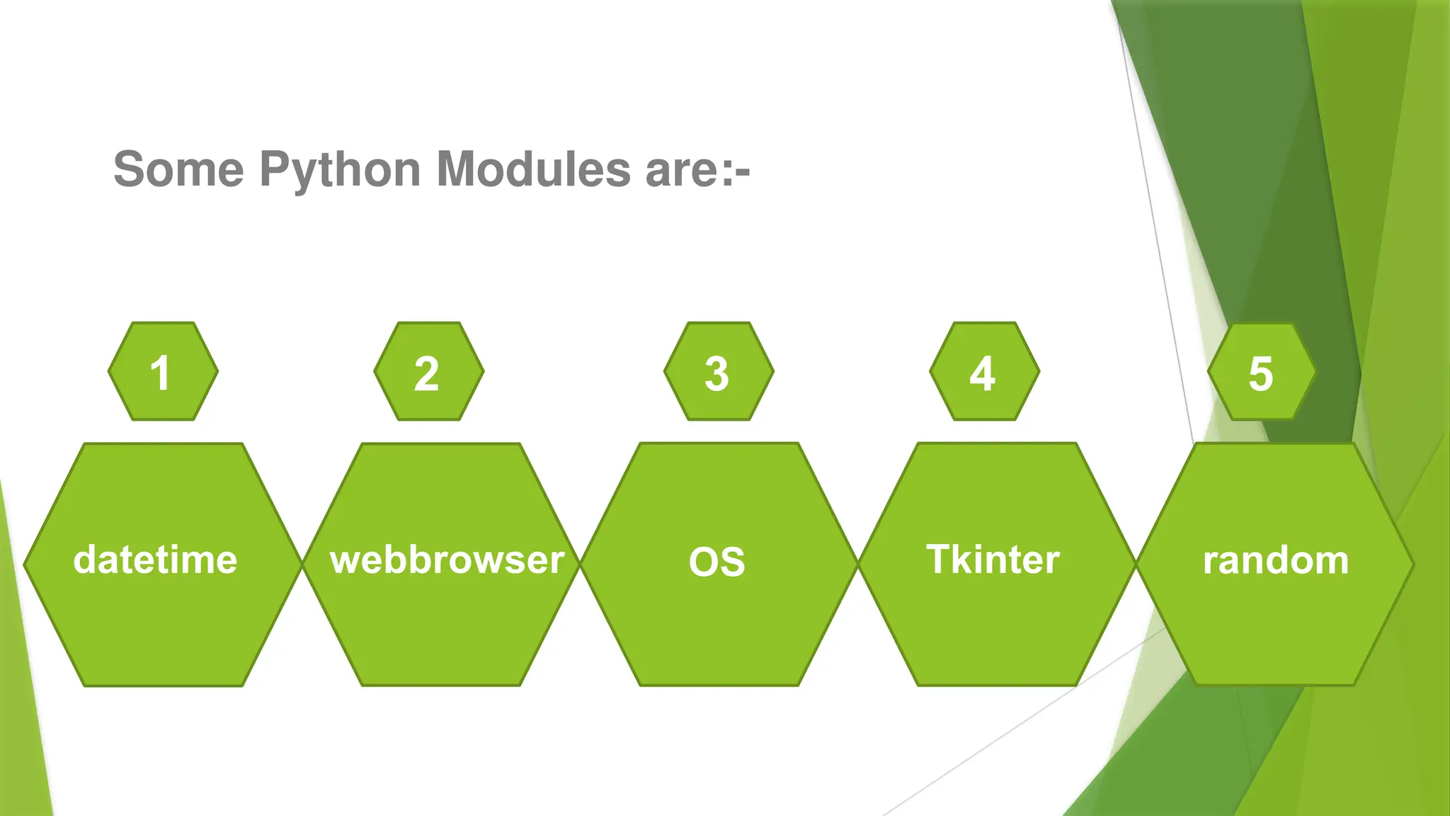 Some Python Modules are:-
datetime
1
webbrowser
2
OS
3
Tkinter
4
random
5
 