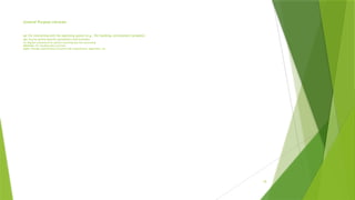General-Purpose Libraries
os: For interacting with the operating system (e.g., file handling, environment variables)
sys: Access system-specific parameters and functions
re: Regular expressions for pattern matching and text processing
datetime: For handling date and time
math: Provides mathematical functions like trigonometry, logarithms, etc
15
 