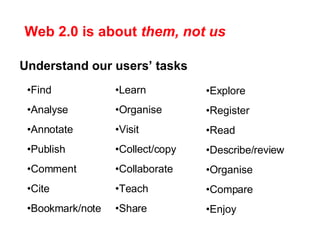Understand our users’ tasks Find Analyse Annotate Publish Comment Cite Bookmark/note Learn Organise Visit Collect/copy Collaborate Teach  Share Explore Register Read Describe/review Organise Compare Enjoy Web 2.0 is about  them, not us 