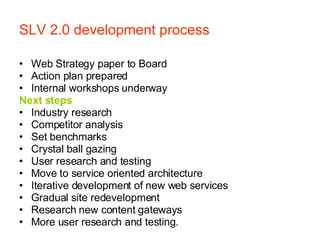 SLV 2.0 development process Web Strategy paper to Board Action plan prepared Internal workshops underway Next steps Industry research Competitor analysis Set benchmarks Crystal ball gazing User research and testing Move to service oriented architecture Iterative development of new web services Gradual site redevelopment Research new content gateways More user research and testing. 