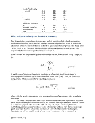 County Pop. Density
                1 - Lowest                  20.1               23.6         20.3
                2                           20.0               21.2         20.1
                3                           20.1               22.3         20.4
                4                           20.2               17.6         20.2
                5 - Highest                 19.6               15.2         18.9

                Household Phone Use
                LLO                         9.3                5.0          8.3
                Dual/few, some cell         41.7               51.7         42.3
                Dual/most cell              18.5               20.6         19.0
                CPO                         30.5               22.7         30.5

Effects of Sample Design on Statistical Inference

Post-data collection statistical adjustments require analysis procedures that reflect departures from
simple random sampling. PSRAI calculates the effects of these design features so that an appropriate
adjustment can be incorporated into tests of statistical significance when using these data. The so-called
"design effect" or deff represents the loss in statistical efficiency that results from systematic non-
response. The total sample design effect for this survey is 1.46.

PSRAI calculates the composite design effect for a sample of size n, with each case having a weight, wi
as:

                                                           n
                                                     n  wi
                                                               2


                                           deff       i 1
                                                               2
                                                      n
                                                                                   formula 1
                                                      wi 
                                                     i 1 

In a wide range of situations, the adjusted standard error of a statistic should be calculated by
multiplying the usual formula by the square root of the design effect (√deff ). Thus, the formula for
computing the 95% confidence interval around a percentage is:


                                                     p(1  p ) 
                                                      ˆ     ˆ
                                    p   deff  1.96
                                    ˆ                          
                                                                                   formula 2
                                                         n     


         ˆ
where p is the sample estimate and n is the unweighted number of sample cases in the group being
considered.
         The survey’s margin of error is the largest 95% confidence interval for any estimated proportion
based on the total sample— the one around 50%. For example, the margin of error for the entire sample
is ±2.2 percentage points. This means that in 95 out every 100 samples drawn using the same
methodology, estimated proportions based on the entire sample will be no more than 2.2 percentage
points away from their true values in the population. It is important to remember that sampling
fluctuations are only one possible source of error in a survey estimate. Other sources, such as


pewinternet.org                                                                                           38
 