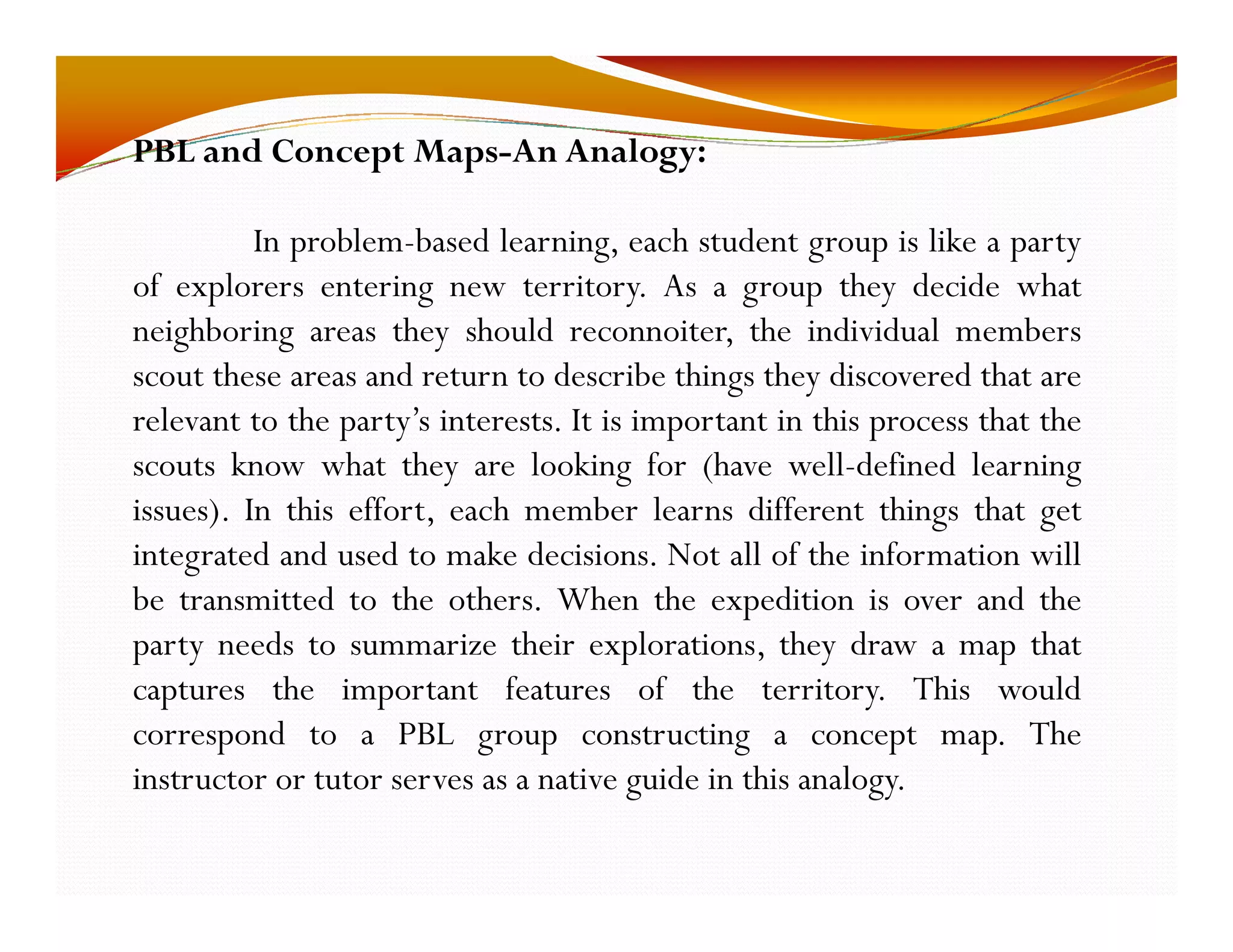 PBL and Concept Maps-An Analogy: 
In problem-based learning, each student group is like a party 
of explorers entering new territory. As a group they decide what 
neighboring areas they should reconnoiter, the individual members 
scout these areas and return to describe things they discovered that are 
relevant to the party’s interests. It is important in this process that the 
scouts know what they are looking for (have well-defined learning 
issues). In this effort, each member learns different things that get 
integrated and used to make decisions. Not all of the information will 
be transmitted to the others. When the expedition is over and the 
party needs to summarize their explorations, they draw a map that 
captures the important features of the territory. This would 
correspond to a PBL group constructing a concept map. The 
instructor or tutor serves as a native guide in this analogy. 
 