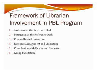 Framework of Librarian 
Involvement in PBL Program 
1. Assistance at the Reference Desk 
2. Instruction at the Reference Desk 
3. Course-Related Instruction 
4. Resource Management and Utilization 
5. Consultation with Faculty and Students 
6. Group Facilitation 
 
