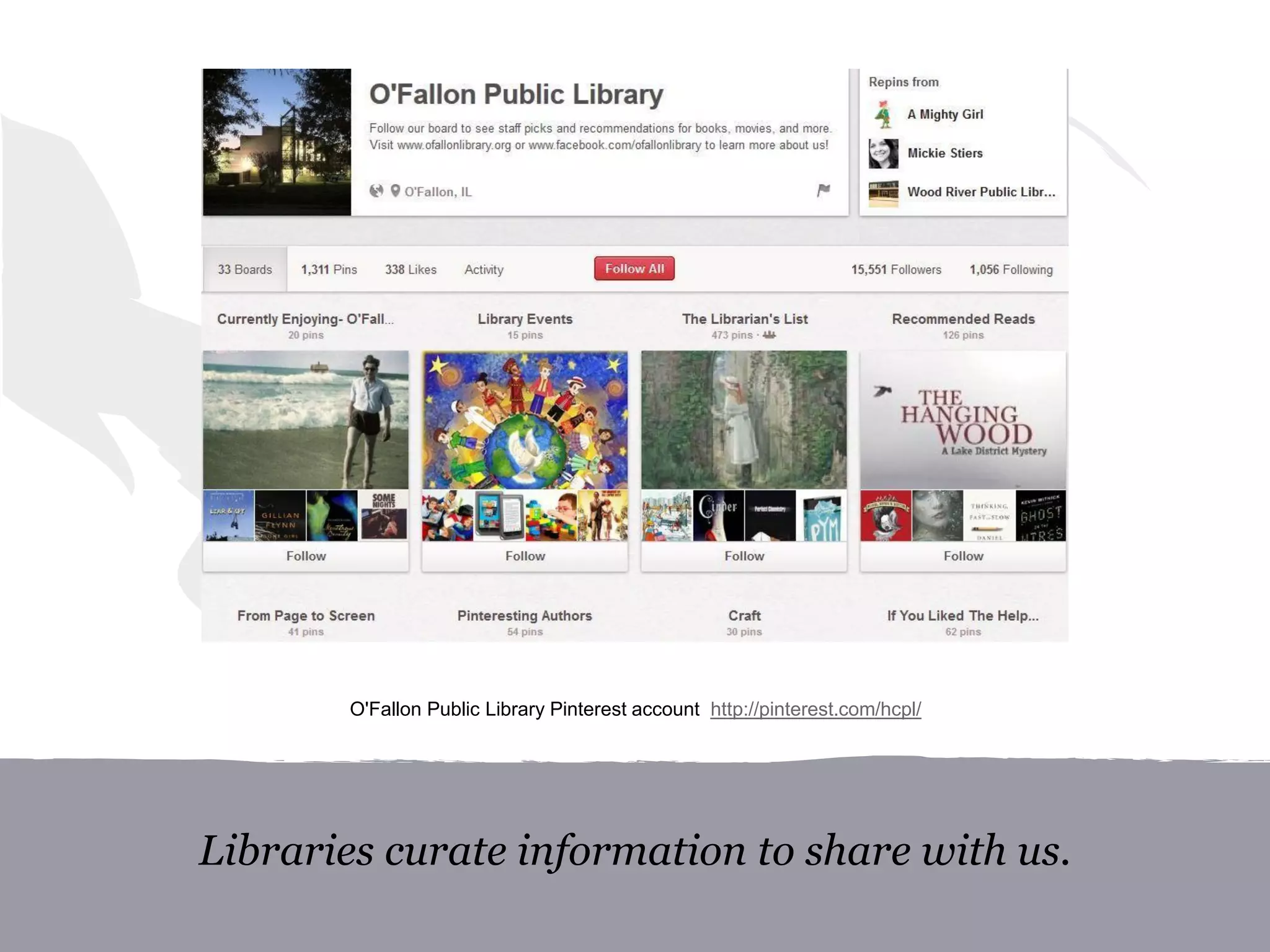 Libraries curate information to share with us.
O'Fallon Public Library Pinterest account http://pinterest.com/hcpl/
 