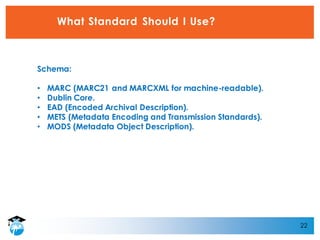 22
What Standard Should I Use?
Schema:
• MARC (MARC21 and MARCXML for machine-readable).
• Dublin Core.
• EAD (Encoded Archival Description).
• METS (Metadata Encoding and Transmission Standards).
• MODS (Metadata Object Description).
 