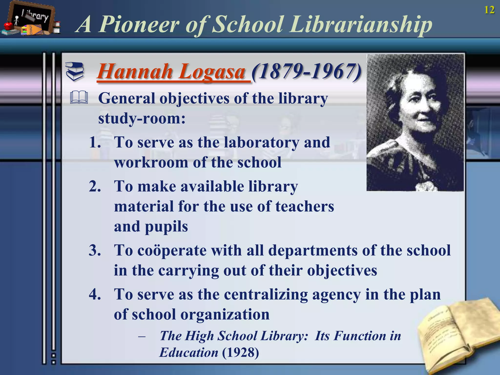 12A Pioneer of School LibrarianshipHannah Logasa(1879-1967) General objectives of the library study-room:To serve as the laboratory and workroom of the schoolTo make available library material for the use of teachers and pupilsTo coöperate with all departments of the school in the carrying out of their objectivesTo serve as the centralizing agency in the plan of school organizationThe High School Library:  Its Function in Education (1928)