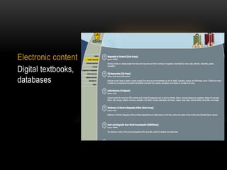Electronic content
Digital textbooks,
databases

 