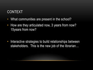 CONTEXT
• What communities are present in the school?

• How are they articulated now, 3 years from now?
15years from now?
• Interactive strategies to build relationships between
stakeholders. This is the new job of the librarian…

 