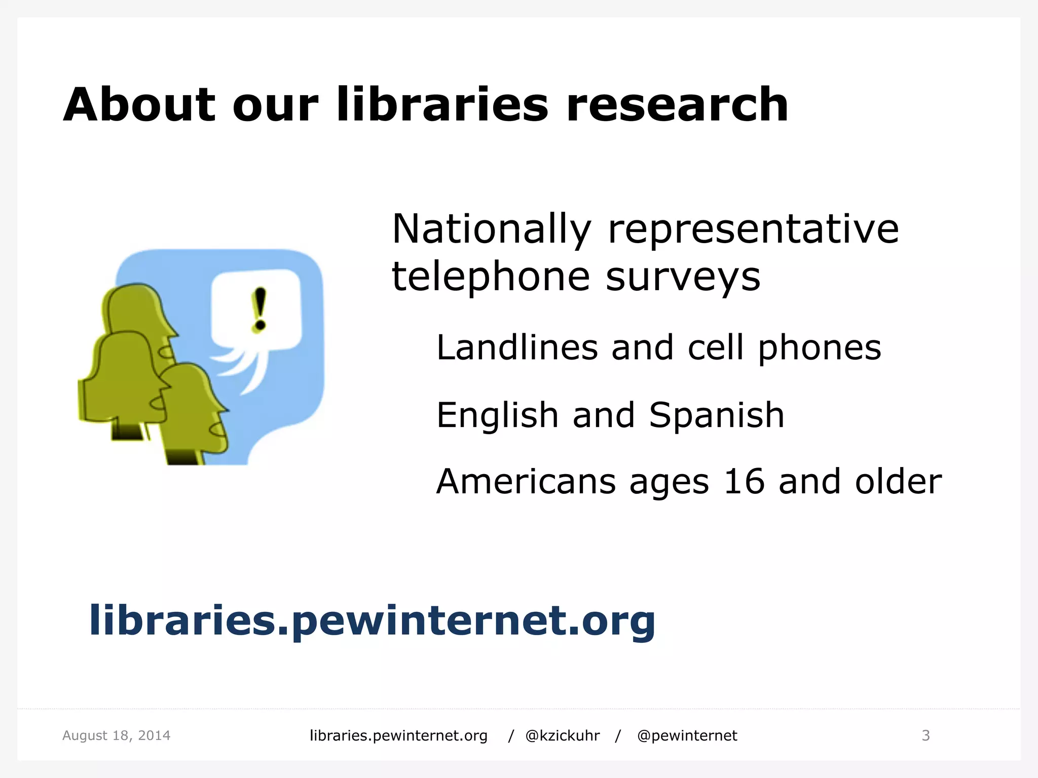 libraries.pewinternet.org
Nationally representative
telephone surveys
Landlines and cell phones
English and Spanish
Americans ages 16 and older
3August 18, 2014 libraries.pewinternet.org / @kzickuhr / @pewinternet
About our libraries research
 