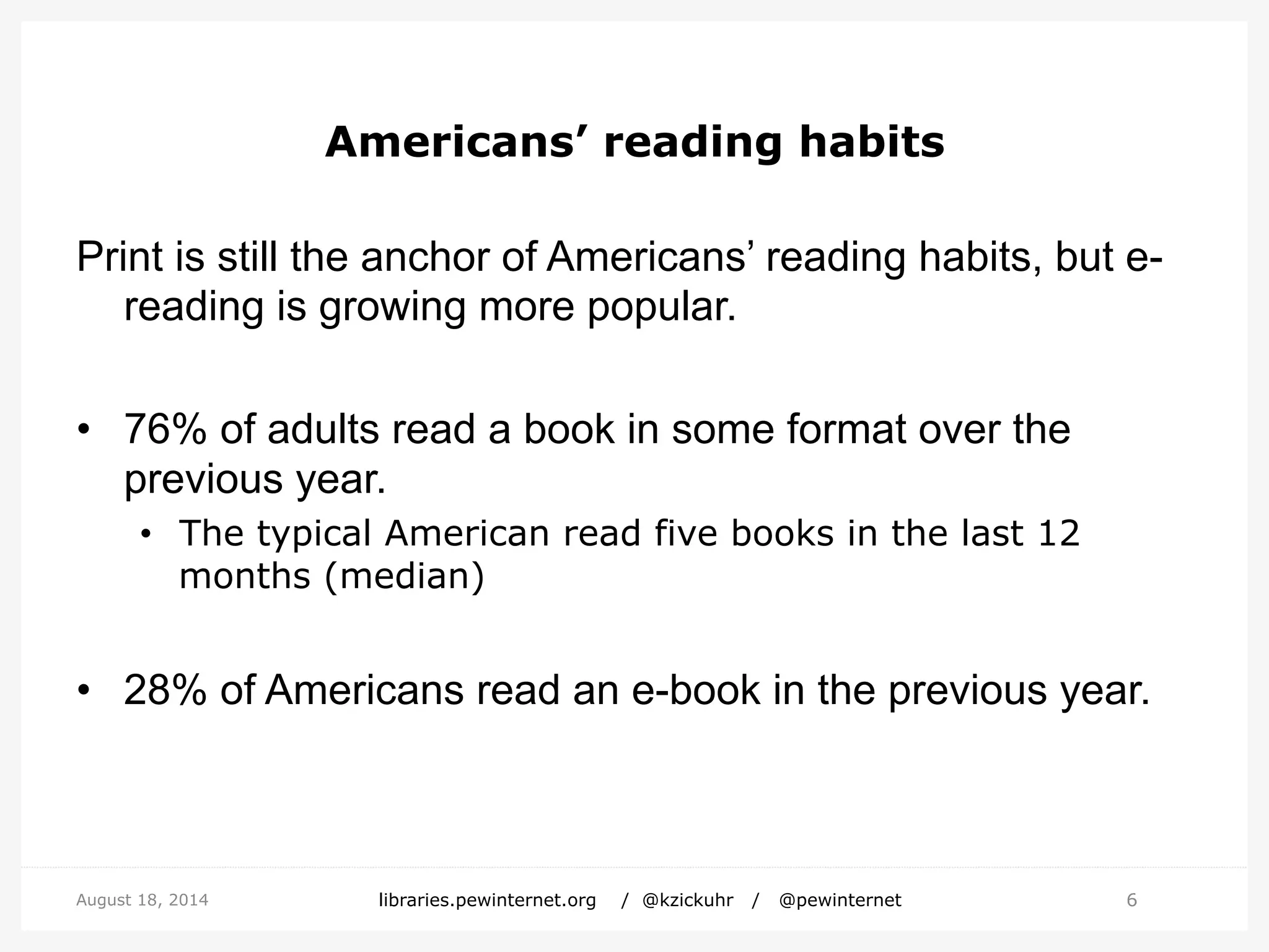 Americans’ reading habits
Print is still the anchor of Americans’ reading habits, but e-
reading is growing more popular.
• 76% of adults read a book in some format over the
previous year.
• The typical American read five books in the last 12
months (median)
• 28% of Americans read an e-book in the previous year.
6August 18, 2014 libraries.pewinternet.org / @kzickuhr / @pewinternet
 