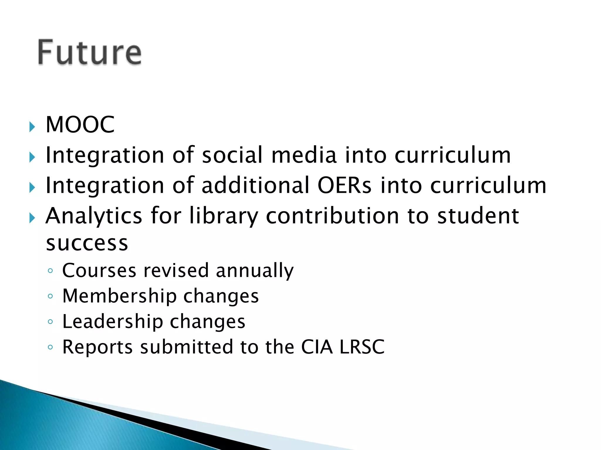  MOOC
 Integration of social media into curriculum
 Integration of additional OERs into curriculum
 Analytics for library contribution to student
success
◦ Courses revised annually
◦ Membership changes
◦ Leadership changes
◦ Reports submitted to the CIA LRSC
 