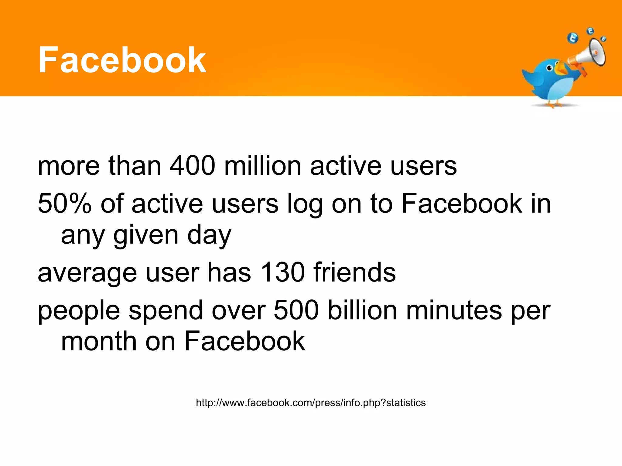 Facebook more than 400 million active users 50% of active users log on to Facebook in any given day average user has 130 friends people spend over 500 billion minutes per month on Facebook http://www.facebook.com/press/info.php?statistics 