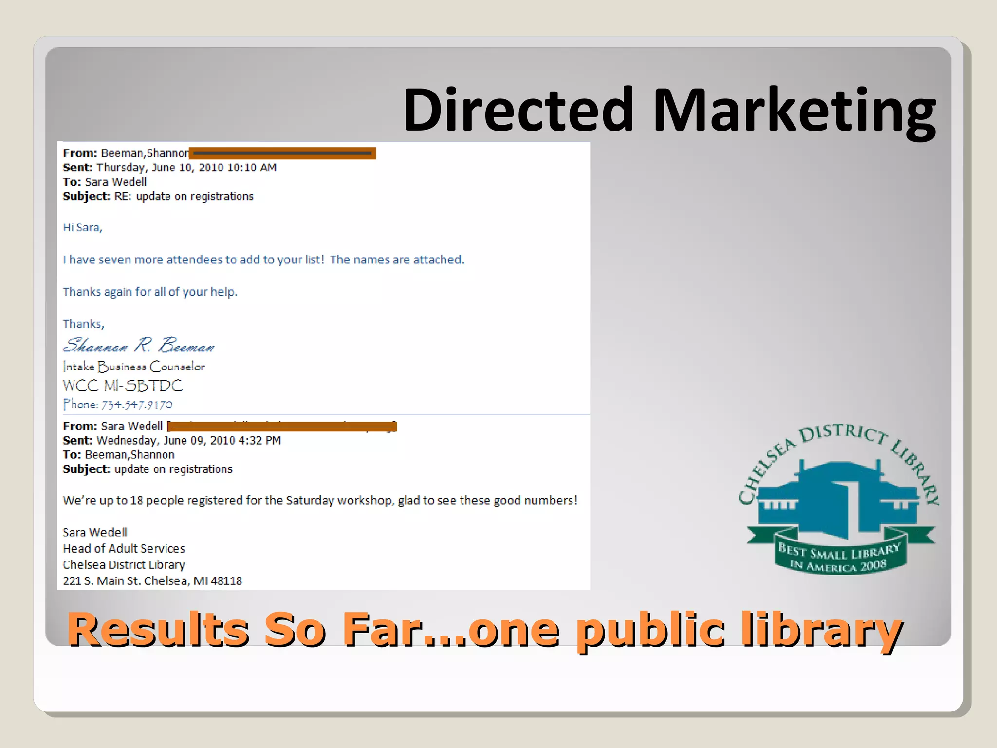 Results So Far…one public libraryResults So Far…one public library
Directed Marketing
 