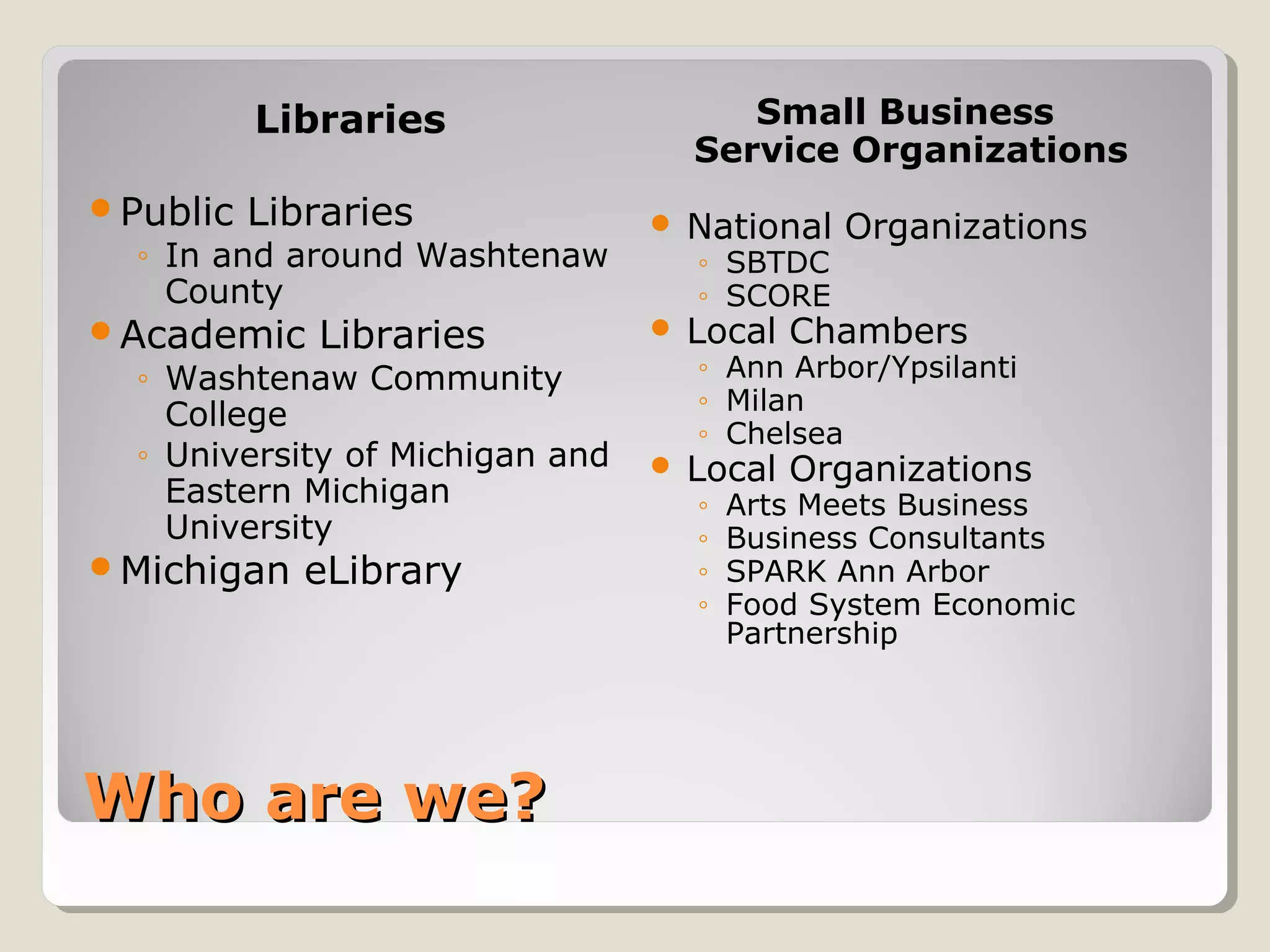 Who are we?Who are we?
Libraries
Public Libraries
◦ In and around Washtenaw
County
Academic Libraries
◦ Washtenaw Community
College
◦ University of Michigan and
Eastern Michigan
University
Michigan eLibrary
Small Business
Service Organizations
 National Organizations
◦ SBTDC
◦ SCORE
 Local Chambers
◦ Ann Arbor/Ypsilanti
◦ Milan
◦ Chelsea
 Local Organizations
◦ Arts Meets Business
◦ Business Consultants
◦ SPARK Ann Arbor
◦ Food System Economic
Partnership
 