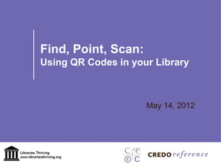 Find, Point, Scan:
Using QR Codes in your Library



                     May 14, 2012
 