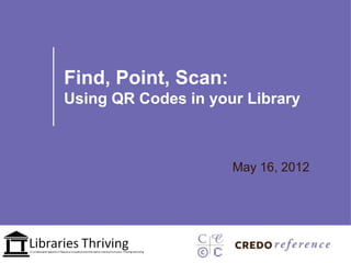 Find, Point, Scan:
Using QR Codes in your Library



                     May 16, 2012
 