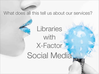 What does all this tell us about our services?


                 Libraries
                   with
                 X-Factor
            Social Media
 