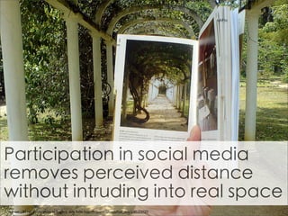 Participation in social media
removes perceived distance
without intruding into real space
cc licensed ( BY NC ) ﬂickr photo by Frederic della Faille: http://ﬂickr.com/photos/fred_dela/2285253737/
 