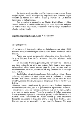 Su función arcaica se sitúa en el Sentimiento porque procede de una
pareja arreglada con una madre pueril y un padre abusivo. No tiene ningún
recuerdo de ternura sino abusos físicos y morales, sí. La función
Sentimiento se ha hecho mala.
       Sus tres primeros personajes son Maïcé, Khalil Gibran e Isidora
Duncan. El cuarto se ha descubierto hace poco, es un alquimista, amigo de
sus padres cuando era pequeña, viviendo una parte del tiempo en el Líbano,
y la otra parte en Egipto.


Esquema diagrama personaje: Maïcé. P. 286.del libro.



Le dejo la palabra:

-El trabajo con el Antepasado – Guía, se abrió bruscamente sobre 15.000
personas. Me confiaron la organización cultural de una asociación a nivel
mundial.
       Acepté este trabajo que administré al principio como de costumbre.
La gente llamaba desde Japón, Argentina, Australia, Viet-nam, India,
Cánada…
       En mi pasado de artista, para crear, me cerré sobre mí – misma, y
aquí tuve obligación de abrir una cortina. Debo integrar estas gentes
individualistas y hacerlas funcionar en grupo. La gente viene con su vivido
de ser humano o de artista, los artistas son muy centrados en su ombligo,
individualistas.
       También hay intercambios culturales. Definiendo su cultura y lo que
es bueno y malo dentro, se puede estar en contacto con lo que es bueno en
nosotros. Por cultura, entiendo cualquier cosa que se hace de modo
inventivo, incluso el huerto, la cocina si no se hacen de modo repetitivo, se
disfruta.
-Dices que estabas centrada sobre ti y que ahora haces funcionar un grupo a
nivel internacional. Pero ¿qué es lo que cambió en ti para subir a este nivel?
-Una célula que almacena y almacena tanto que en cierto momento, explota
y se parte en cuatro partes. Tengo la sensación de haber almacenado
demasiadas cosas, esperaba la oportunidad que me permita abrirme hacía el
exterior. Antes, almacenaba un placer interior y creía encontrarlo
dirigiendo una cadena de televisión; ahora, lo que da un fondo de valor
diferente que no es comercial, es una conexión humana. No tengo
 