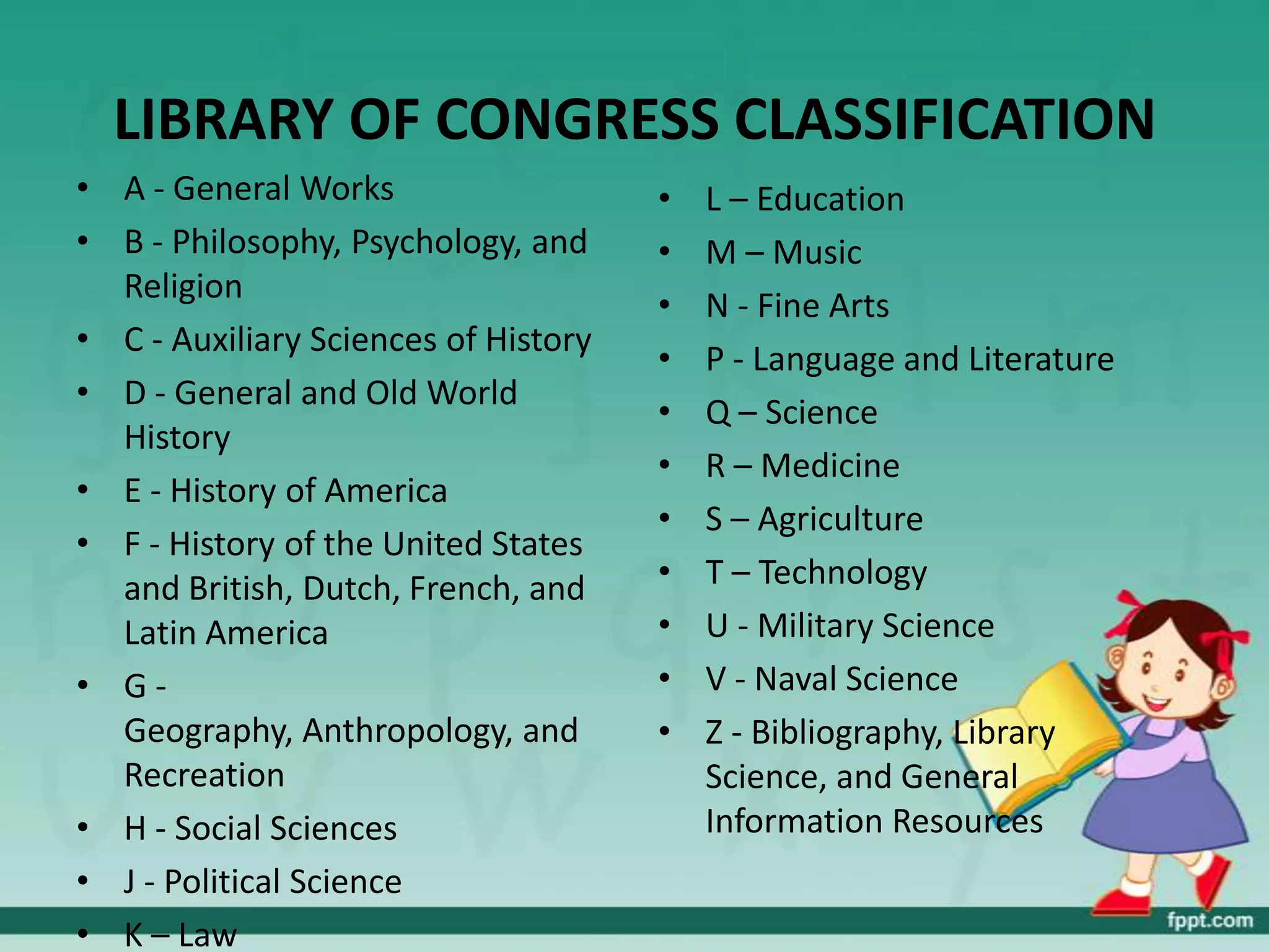 LIBRARY OF CONGRESS CLASSIFICATION
• A - General Works                   •   L – Education
• B - Philosophy, Psychology, and     •   M – Music
  Religion
                                      •   N - Fine Arts
• C - Auxiliary Sciences of History
                                      •   P - Language and Literature
• D - General and Old World
                                      •   Q – Science
  History
                                      •   R – Medicine
• E - History of America
                                      •   S – Agriculture
• F - History of the United States
  and British, Dutch, French, and     •   T – Technology
  Latin America                       •   U - Military Science
• G-                                  •   V - Naval Science
  Geography, Anthropology, and        •   Z - Bibliography, Library
  Recreation                              Science, and General
• H - Social Sciences                     Information Resources
• J - Political Science
• K – Law
 