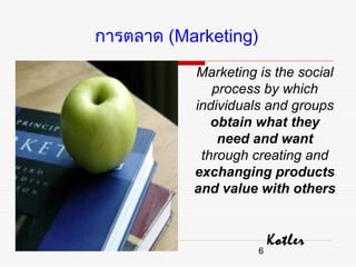 การตลาด (Marketing)
           Marketing is the social
              process by which
           individuals and groups
              obtain what they
               need and want
            through creating and
           exchanging products
           and value with others


                          Kotler
                      6
 