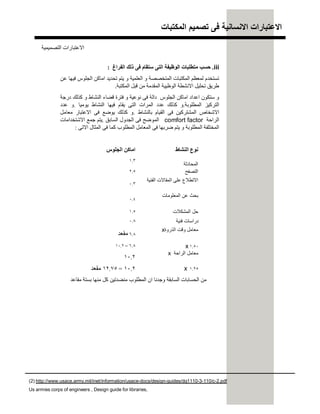 ‫اﻟﻣﻛﺗﺑﺎت‬ ‫ﺗﺻﻣﯾم‬ ‫ﻓﻰ‬ ‫اﻻﻧﺳﺎﻧﯾﺔ‬ ‫اﻻﻋﺗﺑﺎرات‬
iii.‫اﻟﻔﺮاغ‬ ‫ذﻟﻚ‬ ‫ﻓﻰ‬ ‫ﺳﺘﻘﺎم‬ ‫اﻟﺘﻰ‬ ‫اﻟﻮظﯿﻔﺔ‬ ‫ﻣﺘﻄﻠﺒﺎت‬ ‫ﺣﺴﺐ‬:
‫ﺗﺴﺘﺨﺪم‬‫ﻢ‬‫ﻈ‬‫ﻌ‬‫ﻤ‬‫ﻟ‬‫اﻟﻤﻜﺘﺒﺎت‬‫اﻟﻤﺘﺨﺼﺼﺔ‬‫و‬‫اﻟﻌﻠﻤﯿﺔ‬‫و‬‫ﯾﺘﻢ‬‫ﺗﺤﺪﯾﺪ‬‫اﻣﺎﻛﻦ‬‫اﻟﺠﻠﻮس‬‫ﻓﯿﮭﺎ‬‫ﻦ‬‫ﻋ‬
‫طﺮﯾﻖ‬‫ﺗﺤﻠﯿﻞ‬‫اﻻﻧﺸﻄﺔ‬‫اﻟﻮظﯿﯿﺔ‬‫اﻟﻤﻘﺪﻣﺔ‬‫ﻦ‬‫ﻣ‬‫ﻞ‬‫ﺒ‬‫ﻗ‬‫اﻟﻤﻜﺘﺒﺔ‬.
‫و‬‫ﺳﺘﻜﻮن‬‫اﻋﺪاد‬‫اﻣﺎﻛﻦ‬‫اﻟﺠﻠﻮس‬‫داﻟﺔ‬‫ﻰ‬‫ﻓ‬‫ﻧﻮﻋﯿﺔ‬‫و‬‫ﻓﺘﺮة‬‫ء‬‫ﺎ‬‫ﻀ‬‫ﻗ‬‫اﻟﻨﺸﺎط‬‫و‬‫ﻚ‬‫ﻟ‬‫ﺬ‬‫ﻛ‬‫درﺟﺔ‬
‫اﻟﺘﺮﻛﯿﺰ‬‫اﻟﻤﻄﻠﻮﺑﺔ‬.‫و‬‫ﻚ‬‫ﻟ‬‫ﺬ‬‫ﻛ‬‫ﻋﺪد‬‫اﻟﻤﺮات‬‫اﻟﺘﻰ‬‫ﯾﻘﺎم‬‫ﻓﯿﮭﺎ‬‫اﻟﻨﺸﺎط‬‫ﯾﻮﻣﯿﺎ‬.‫و‬‫ﻋﺪد‬
‫اﻻﺷﺨﺎص‬‫اﻟﻤﺸﺘﺮﻛﯿﻦ‬‫ﻰ‬‫ﻓ‬‫اﻟﻘﯿﺎم‬‫ﺑﺎﻟﻨﺸﺎط‬.‫و‬‫ﻚ‬‫ﻟ‬‫ﺬ‬‫ﻛ‬‫ﯾﻮﺿﻊ‬‫ﻰ‬‫ﻓ‬‫اﻻﻋﺘﺒﺎر‬‫ﻞ‬‫ﻣ‬‫ﺎ‬‫ﻌ‬‫ﻣ‬
‫اﻟﺮاﺣﺔ‬comfort factor‫اﻟﻤﻮﺿﺢ‬‫ﻰ‬‫ﻓ‬‫اﻟﺠﺪول‬‫اﻟﺴﺎﺑﻖ‬.‫ﯾﺘﻢ‬‫ﻊ‬‫ﻤ‬‫ﺟ‬‫اﻻﺷﺘﺨﺪاﻣﺎت‬
‫اﻟﻤﺨﺘﻠﻔﺔ‬‫اﻟﻤﻄﻠﻮﺑﺔ‬‫و‬‫ﯾﺘﻢ‬‫ﺿﺮﺑﮭﺎ‬‫ﻰ‬‫ﻓ‬‫اﻟﻤﻌﺎﻣﻞ‬‫اﻟﻤﻄﻠﻮب‬‫ﺎ‬‫ﻤ‬‫ﻛ‬‫ﻰ‬‫ﻓ‬‫اﻟﻤﺜﺎل‬‫اﻻﺗﻰ‬:
‫اﻟﺠﻠﻮس‬ ‫اﻣﺎﻛﻦ‬ ‫اﻟﻨﺸﺎط‬ ‫ﻧﻮع‬
١.٣
‫اﻟﻣﺣﺎدﺛﺔ‬
٢.٥ ‫اﻟﺗﺻﻔﺢ‬
٠.٣
‫اﻟﻔﻧﯾﺔ‬ ‫اﻟﻣﻘﺎﻻت‬ ‫ﻋﻠﻰ‬ ‫اﻻﺗطﻼع‬
٠.٤
‫اﻟﻣﻌﻠوﻣﺎت‬ ‫ﻋن‬ ‫ﺑﺣث‬
١.٥ ‫اﻟﻣﺷﻛﻼت‬ ‫ﺣل‬
‫ﻓﻧﯾﺔ‬ ‫دراﺳﺎت‬
٦.٨‫ﺪ‬‫ﻌ‬‫ﻘ‬‫ﻣ‬
‫اﻟذروة‬ ‫وﻗت‬ ‫ﻣﻌﺎﻣل‬x
٦.٨=١٠.٢ ١.٥٠x
١٠.٢
‫اﻟراﺣﺔ‬ ‫ﻣﻌﺎﻣل‬x
١٠.٢=١٢.٧٥‫ﺪ‬‫ﻌ‬‫ﻘ‬‫ﻣ‬ ١.٢٥x
‫ﻦ‬‫ﻣ‬‫اﻟﺤﺴﺎﺑﺎت‬‫اﻟﺴﺎﺑﻘﺔ‬‫وﺟﺪﻧﺎ‬‫ان‬‫اﻟﻤﻄﻠﻮب‬‫ﻣﻨﻀﺪﺗﯿﻦ‬‫ﻞ‬‫ﻛ‬‫ﻣﻨﮭﺎ‬‫ﺔ‬‫ﺘ‬‫ﺴ‬‫ﺑ‬‫ﺪ‬‫ﻋ‬‫ﺎ‬‫ﻘ‬‫ﻣ‬
٠.٨
‫اﻟﺘﺼﻤﯿﻤﯿﺔ‬ ‫اﻻﻋﺘﺒﺎرات‬
(2) http://www.usace.army.mil/inet/information/usace-docs/design-guides/dg1110-3-110/c-2.pdf
Us armies corps of engineers , Design guide for libraries,
 