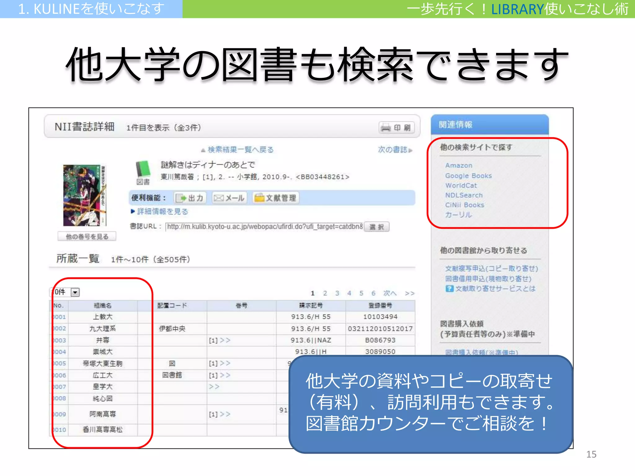 他大学の図書も検索できます
他大学の資料やコピーの取寄せ
（有料）、訪問利用もできます。
図書館カウンターでご相談を！
一歩先行く！LIBRARY使いこなし術1. KULINEを使いこなす
15
 