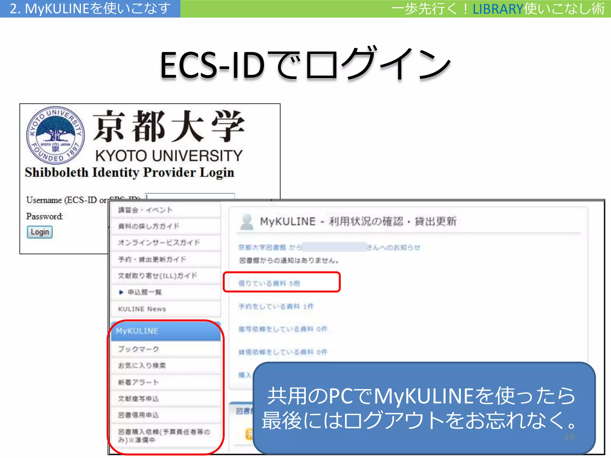 ECS-IDでログイン
一歩先行く！LIBRARY使いこなし術2. MyKULINEを使いこなす
共用のPCでMyKULINEを使ったら
最後にはログアウトをお忘れなく。
19
 