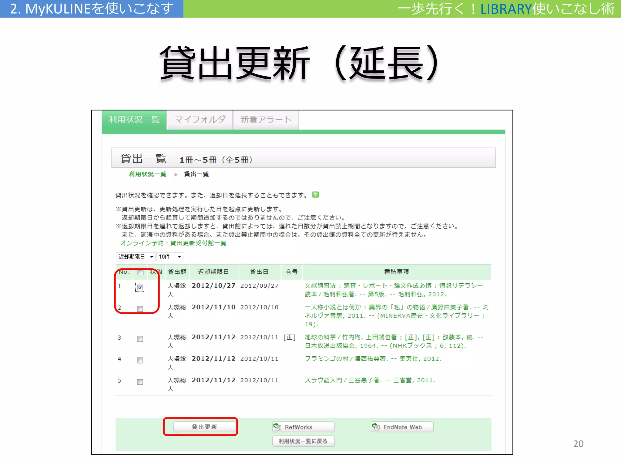 一歩先行く！LIBRARY使いこなし術
貸出更新（延長）
2. MyKULINEを使いこなす
20
 