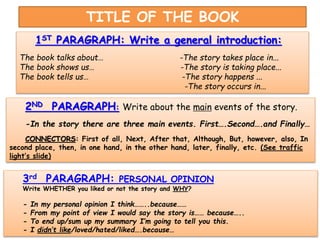2ND PARAGRAPH: Write about the main events of the story.
-In the story there are three main events. First….Second….and Finally…
CONNECTORS: First of all, Next, After that, Although, But, however, also, In
second place, then, in one hand, in the other hand, later, finally, etc. (See traffic
light’s slide)
3rd PARAGRAPH: PERSONAL OPINION
Write WHETHER you liked or not the story and WHY?
- In my personal opinion I think……..because……
- From my point of view I would say the story is…… because…..
- To end up/sum up my summary I’m going to tell you this.
- I didn’t like/loved/hated/liked….because…
1ST PARAGRAPH: Write a general introduction:
The book talks about… -The story takes place in...
The book shows us… -The story is taking place...
The book tells us… -The story happens ...
-The story occurs in...
TITLE OF THE BOOK
 
