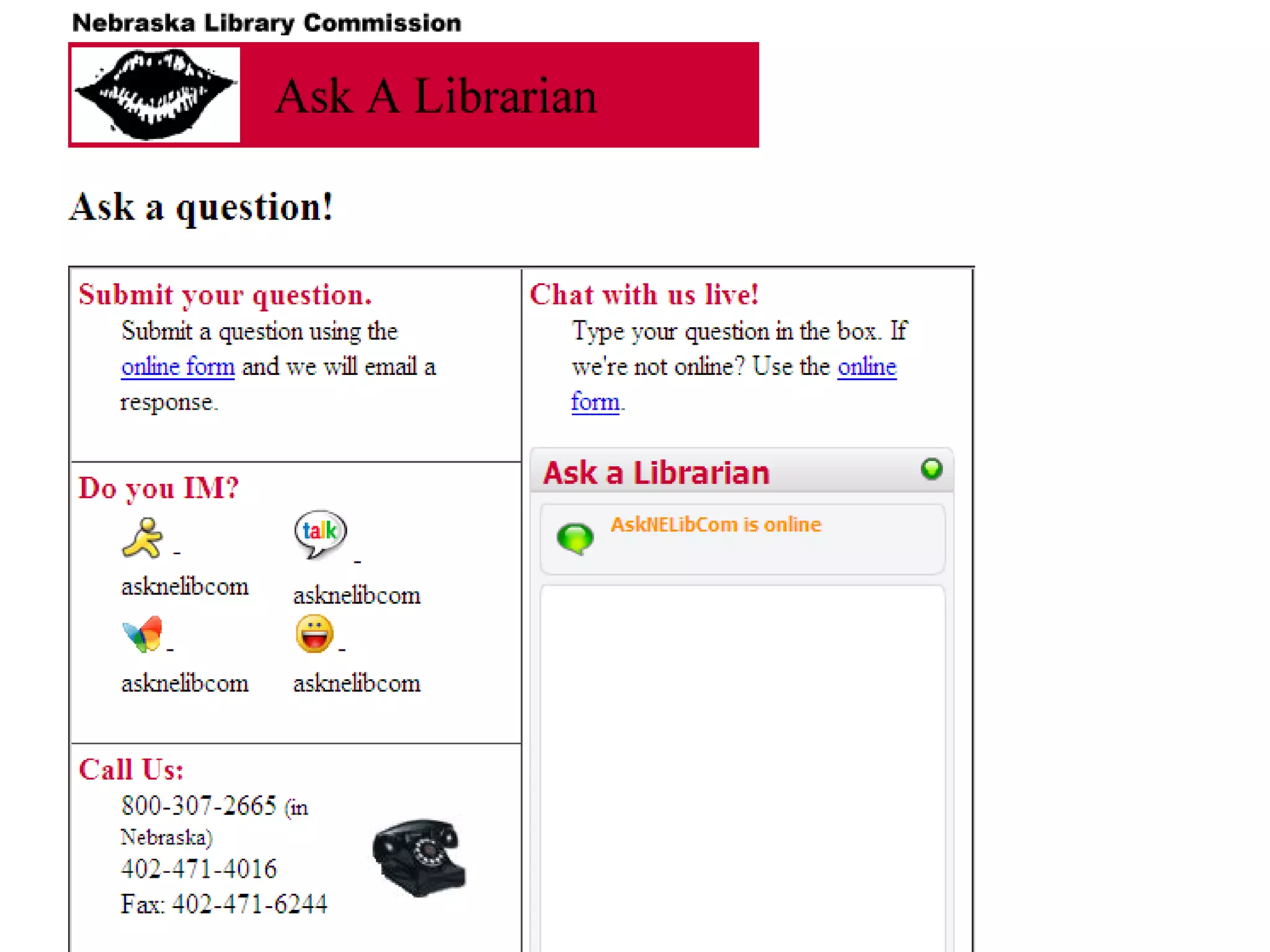 http://www.nlc.state.ne.us/ref/contactus.html 