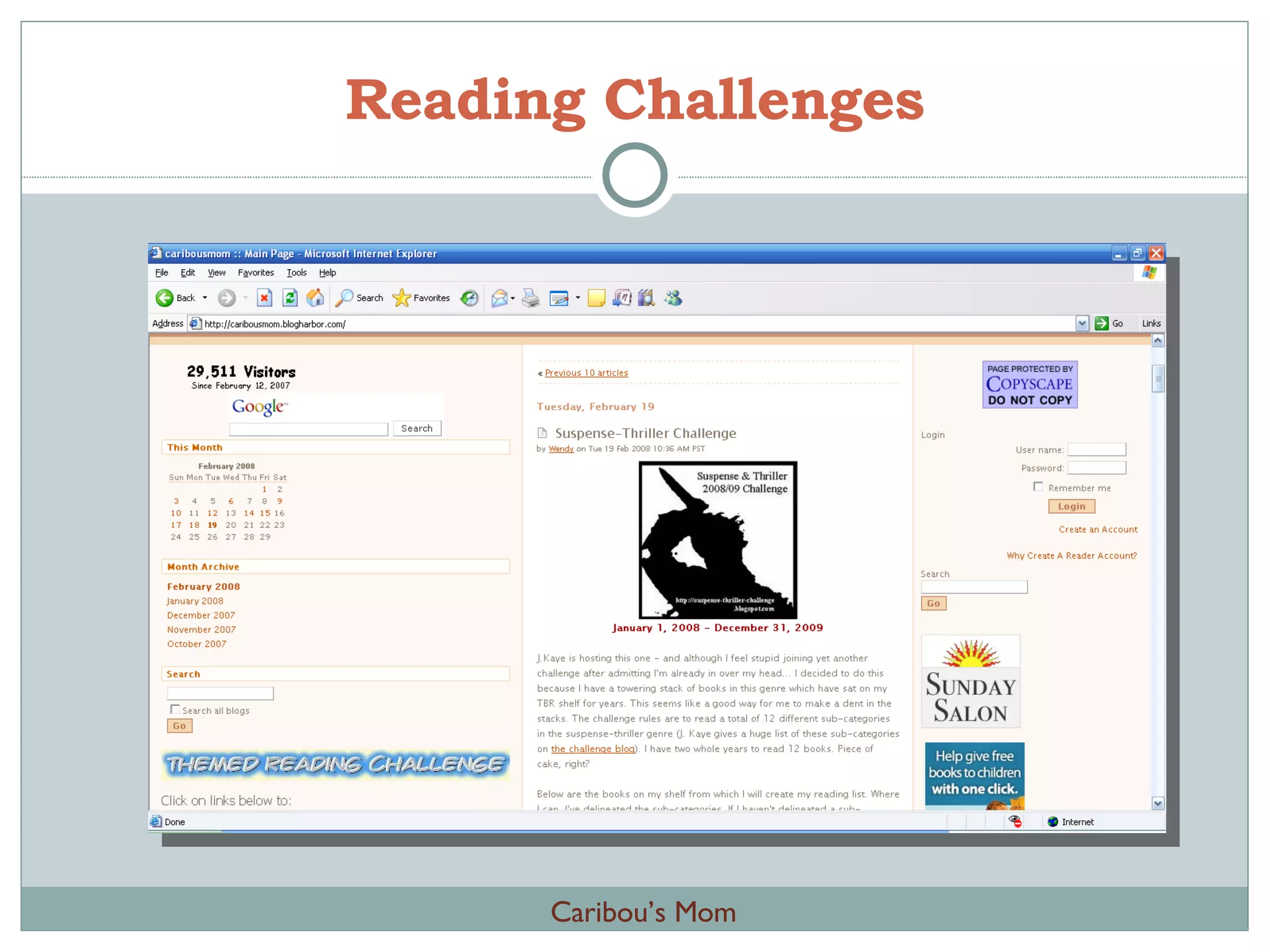 Reading Challenges Caribou’s Mom 