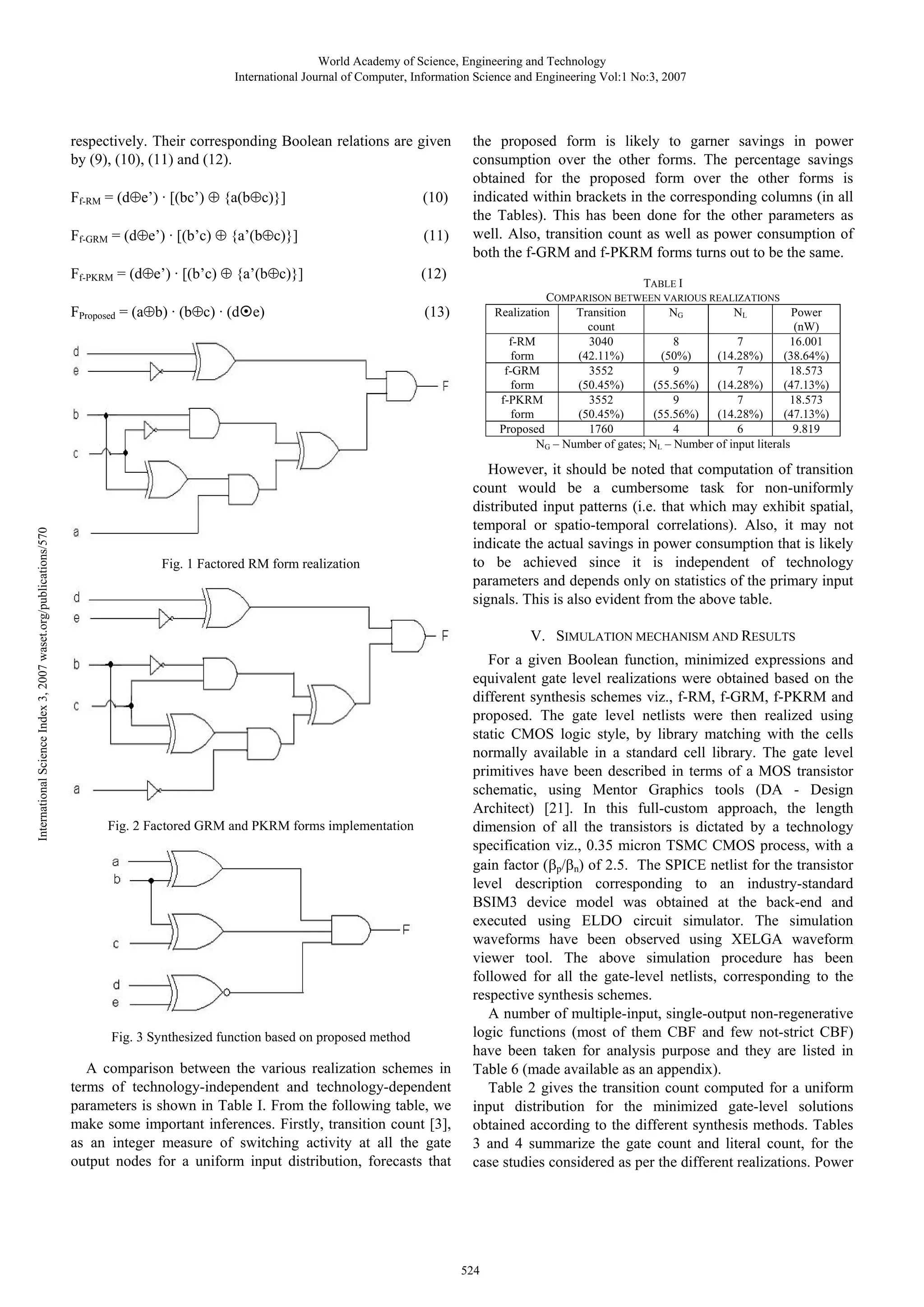 World Academy of Science, Engineering and Technology International Journal of Computer, Information Science and Engineering Vol:1 No:3, 2007 respectively. Their corresponding Boolean relations are given by (9), (10), (11) and (12). (10) Ff-GRM = (d⊕e’) · [(b’c) ⊕ {a’(b⊕c)}] (11) Ff-PKRM = (d⊕e’) · [(b’c) ⊕ {a’(b⊕c)}] (12) FProposed = (a⊕b) · (b⊕c) · (d e) International Science Index 3, 2007 waset.org/publications/570 Ff-RM = (d⊕e’) · [(bc’) ⊕ {a(b⊕c)}] the proposed form is likely to garner savings in power consumption over the other forms. The percentage savings obtained for the proposed form over the other forms is indicated within brackets in the corresponding columns (in all the Tables). This has been done for the other parameters as well. Also, transition count as well as power consumption of both the f-GRM and f-PKRM forms turns out to be the same. (13) Fig. 1 Factored RM form realization TABLE I COMPARISON BETWEEN VARIOUS REALIZATIONS NL Power Realization Transition NG (nW) count f-RM 3040 8 7 16.001 form (42.11%) (50%) (14.28%) (38.64%) f-GRM 3552 9 7 18.573 form (50.45%) (55.56%) (14.28%) (47.13%) f-PKRM 3552 9 7 18.573 form (50.45%) (55.56%) (14.28%) (47.13%) Proposed 1760 4 6 9.819 NG – Number of gates; NL – Number of input literals However, it should be noted that computation of transition count would be a cumbersome task for non-uniformly distributed input patterns (i.e. that which may exhibit spatial, temporal or spatio-temporal correlations). Also, it may not indicate the actual savings in power consumption that is likely to be achieved since it is independent of technology parameters and depends only on statistics of the primary input signals. This is also evident from the above table. V. SIMULATION MECHANISM AND RESULTS Fig. 2 Factored GRM and PKRM forms implementation Fig. 3 Synthesized function based on proposed method A comparison between the various realization schemes in terms of technology-independent and technology-dependent parameters is shown in Table I. From the following table, we make some important inferences. Firstly, transition count [3], as an integer measure of switching activity at all the gate output nodes for a uniform input distribution, forecasts that For a given Boolean function, minimized expressions and equivalent gate level realizations were obtained based on the different synthesis schemes viz., f-RM, f-GRM, f-PKRM and proposed. The gate level netlists were then realized using static CMOS logic style, by library matching with the cells normally available in a standard cell library. The gate level primitives have been described in terms of a MOS transistor schematic, using Mentor Graphics tools (DA - Design Architect) [21]. In this full-custom approach, the length dimension of all the transistors is dictated by a technology specification viz., 0.35 micron TSMC CMOS process, with a gain factor (βp/βn) of 2.5. The SPICE netlist for the transistor level description corresponding to an industry-standard BSIM3 device model was obtained at the back-end and executed using ELDO circuit simulator. The simulation waveforms have been observed using XELGA waveform viewer tool. The above simulation procedure has been followed for all the gate-level netlists, corresponding to the respective synthesis schemes. A number of multiple-input, single-output non-regenerative logic functions (most of them CBF and few not-strict CBF) have been taken for analysis purpose and they are listed in Table 6 (made available as an appendix). Table 2 gives the transition count computed for a uniform input distribution for the minimized gate-level solutions obtained according to the different synthesis methods. Tables 3 and 4 summarize the gate count and literal count, for the case studies considered as per the different realizations. Power 524 