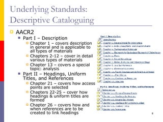 Underlying Standards: Descriptive Cataloguing AACR2 Part I – Description Chapter 1 – covers description in general and is applicable to all types of materials Chapters 2-12 – cover in detail various types of materials Chapter 13 – covers a special topic: analysis Part II – Headings, Uniform Titles, and References Chapter 21 – covers how access points are selected Chapters 22-25 – cover how headings & uniform titles are formed Chapter 26 – covers how and when references are to be created to link headings 