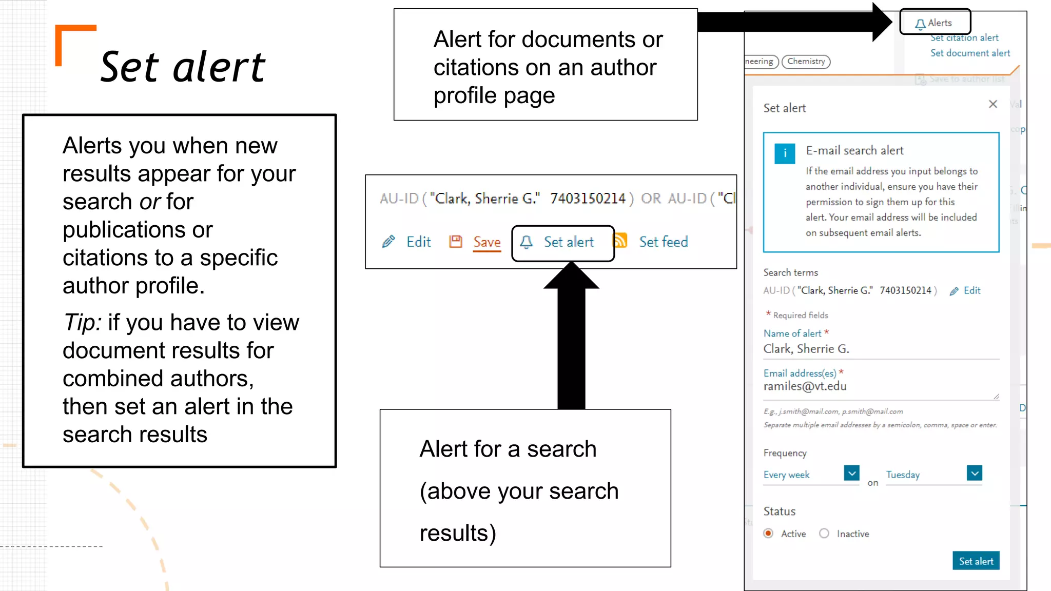Set alert
Alerts you when new
results appear for your
search or for
publications or
citations to a specific
author profile.
Tip: if you have to view
document results for
combined authors,
then set an alert in the
search results
Alert for documents or
citations on an author
profile page
Alert for a search
(above your search
results)
 