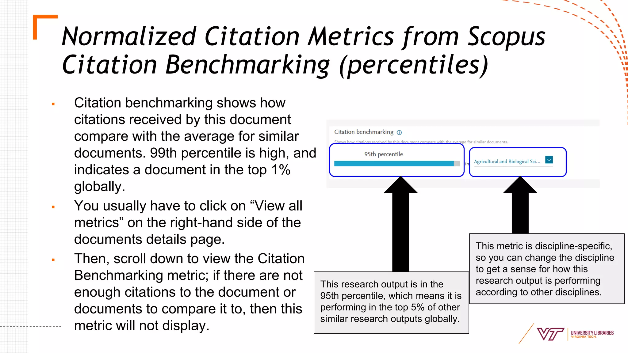 Normalized Citation Metrics from Scopus
Citation Benchmarking (percentiles)
▪ Citation benchmarking shows how
citations received by this document
compare with the average for similar
documents. 99th percentile is high, and
indicates a document in the top 1%
globally.
▪ You usually have to click on “View all
metrics” on the right-hand side of the
documents details page.
▪ Then, scroll down to view the Citation
Benchmarking metric; if there are not
enough citations to the document or
documents to compare it to, then this
metric will not display.
This research output is in the
95th percentile, which means it is
performing in the top 5% of other
similar research outputs globally.
This metric is discipline-specific,
so you can change the discipline
to get a sense for how this
research output is performing
according to other disciplines.
 