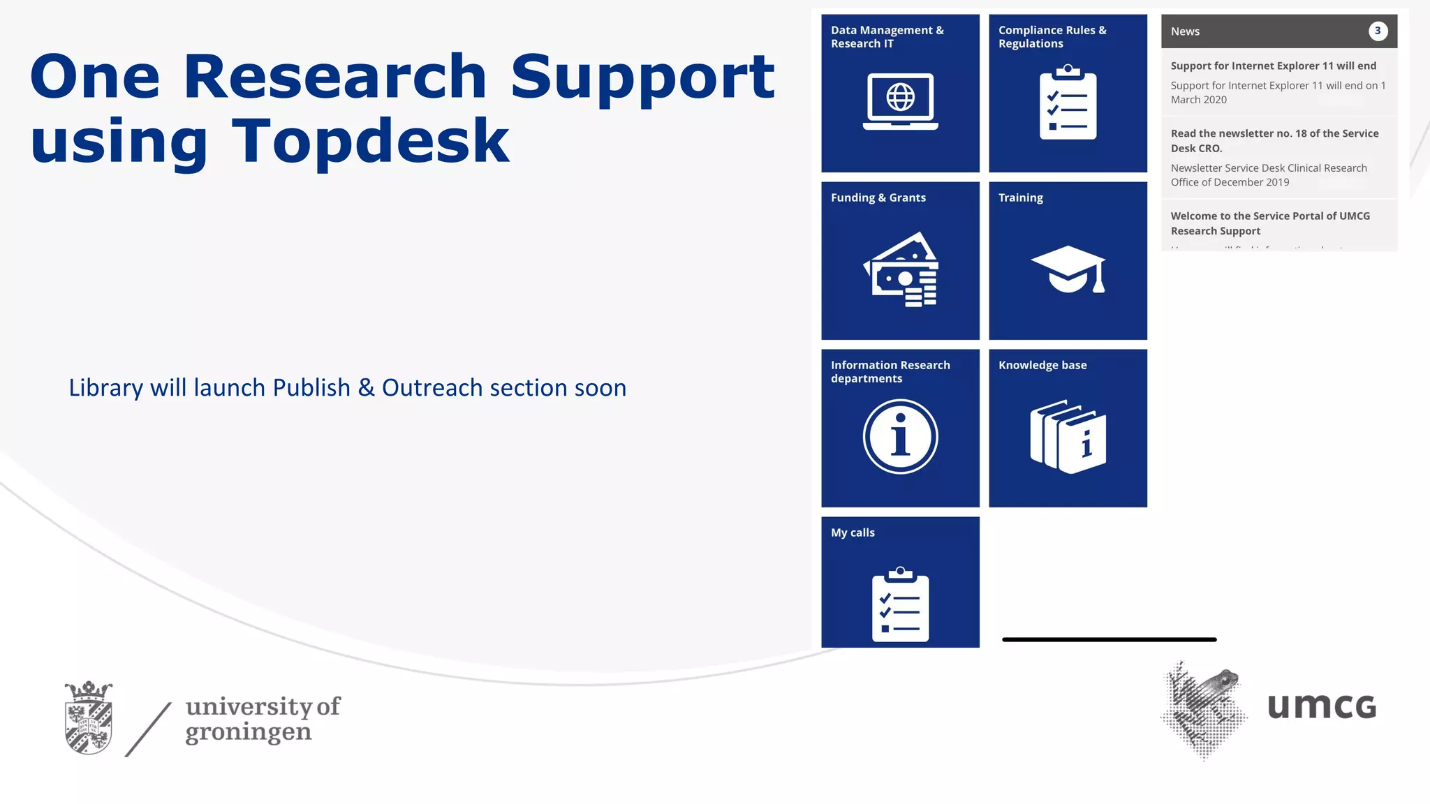 One Research Support
using Topdesk
Library will launch Publish & Outreach section soon
 