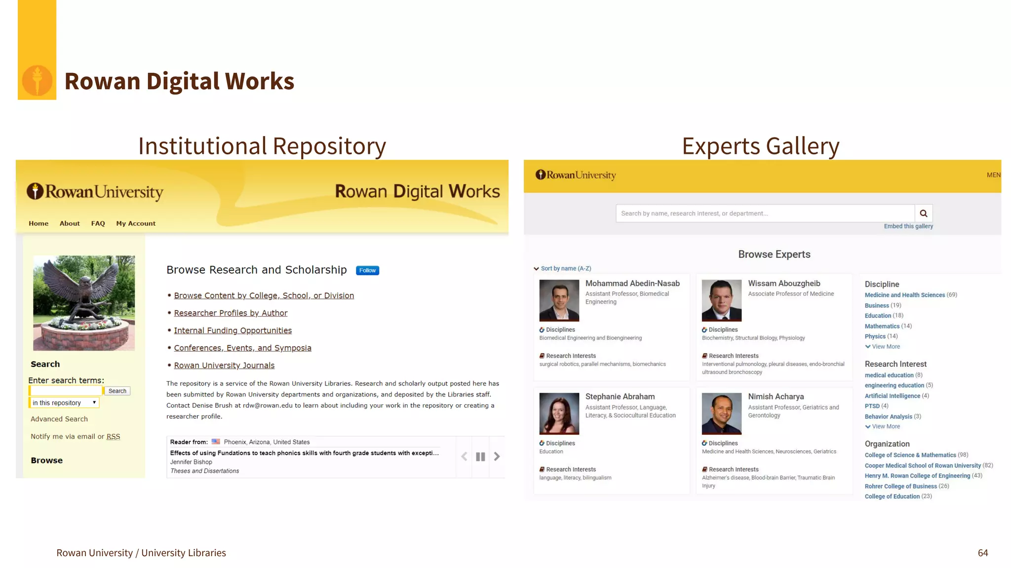 Rowan Digital Works
Rowan University / University Libraries 64
Institutional Repository Experts Gallery
 