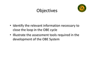 Objectives
• Identify the relevant information necessary to
close the loop in the OBE cycle
• Illustrate the assessment tools required in the
• Illustrate the assessment tools required in the
development of the OBE System
 