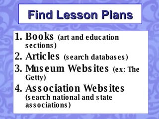 Books  (art and education sections) Articles  (search databases) Museum Websites  (ex: The Getty) Association Websites  (search national and state associations) Find Lesson Plans 