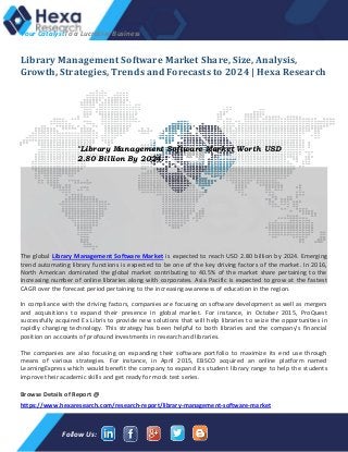Your CatalystTo a Lucrative Business
Follow Us:
Library Management Software Market Share, Size, Analysis,
Growth, Strategies, Trends and Forecasts to 2024 | Hexa Research
The global Library Management Software Market is expected to reach USD 2.80 billion by 2024. Emerging
trend automating library functions is expected to be one of the key driving factors of the market. In 2016,
North American dominated the global market contributing to 40.5% of the market share pertaining to the
increasing number of online libraries along with corporates. Asia Pacific is expected to grow at the fastest
CAGR over the forecast period pertaining to the increasing awareness of education in the region.
In compliance with the driving factors, companies are focusing on software development as well as mergers
and acquisitions to expand their presence in global market. For instance, in October 2015, ProQuest
successfully acquired Ex Libris to provide new solutions that will help libraries to seize the opportunities in
rapidly changing technology. This strategy has been helpful to both libraries and the company’s financial
position on accounts of profound investments in research and libraries.
The companies are also focusing on expanding their software portfolio to maximize its end use through
means of various strategies. For instance, in April 2015, EBSCO acquired an online platform named
LearningExpress which would benefit the company to expand its student library range to help the students
improve their academic skills and get ready for mock test series.
Browse Details of Report @
https://www.hexaresearch.com/research-report/library-management-software-market
"Library Management Software Market Worth USD
2.80 Billion By 2024."
 