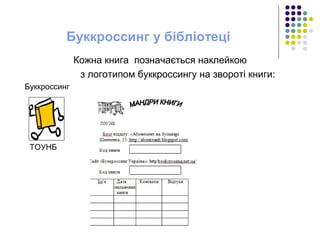 Буккроссинг у бібліотеці
Кожна книга позначається наклейкою
з логотипом буккроссингу на звороті книги:
ТОУНБ
Буккроссинг
 