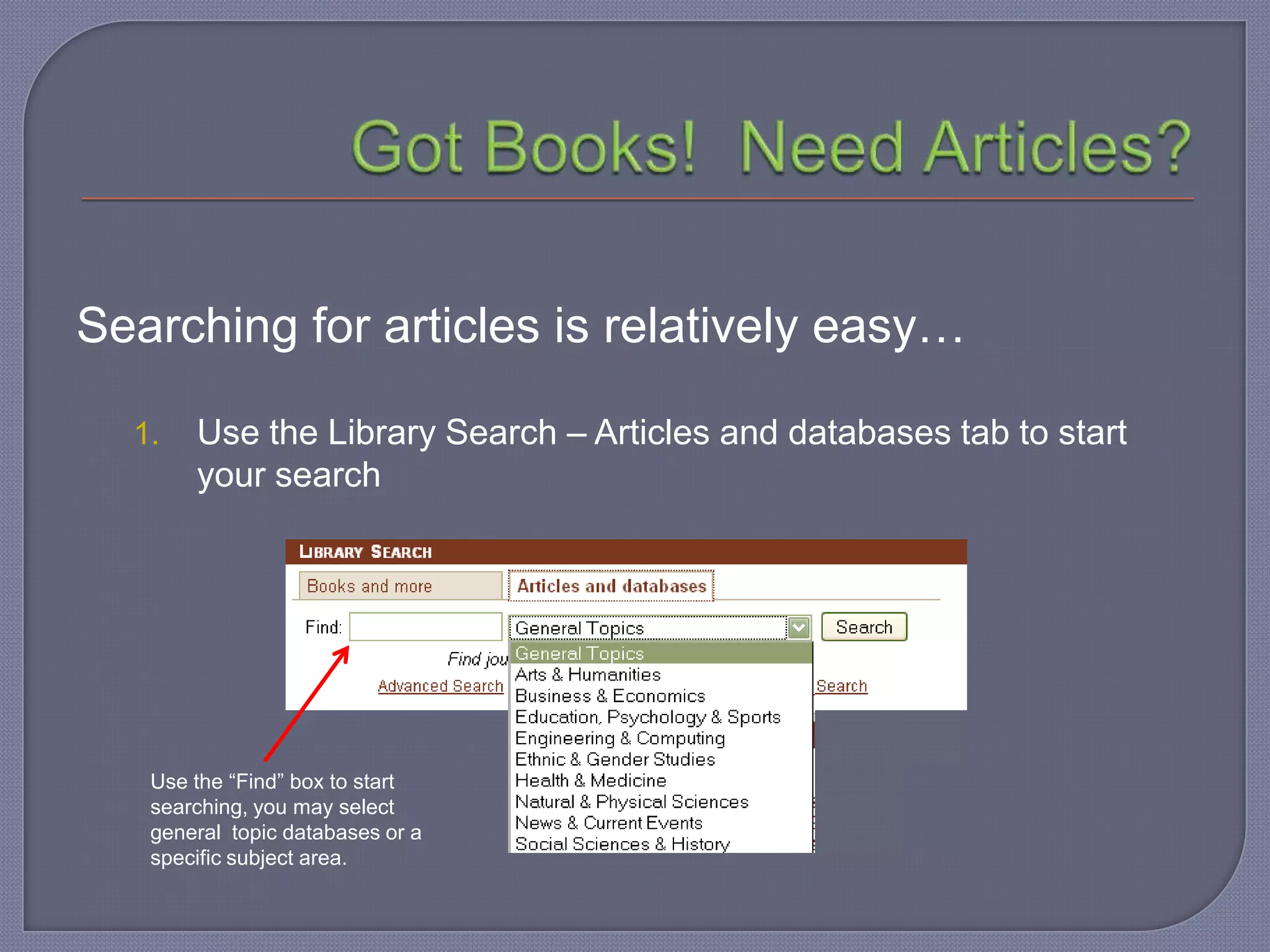 Searching for articles is relatively easy…

  1.   Use the Library Search – Articles and databases tab to start
       your search




   Use the “Find” box to start
   searching, you may select
   general topic databases or a
   specific subject area.
 